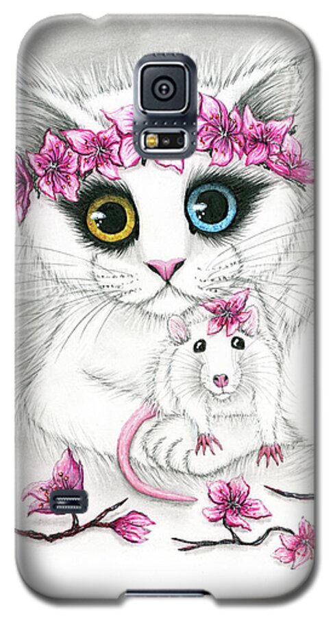 Cherry Blossoms Galaxy S5 Case featuring the drawing Cherry Blossoms - White Cat and Rat Chinese New Year by Carrie Hawks