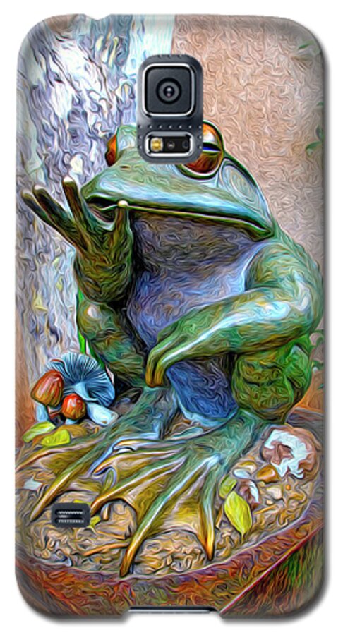 Fine Art Frog Photography. Frog Art. Wall Art Photography. Mixed Media Photography. Mixed Media Note Cards. Mixed Media Greeing Cards. Colord Frogs. Painted Frogs. Wall Art Frogs. Fine Art Frogs. Frogs. Fish. Water. Ponds. Frog Ponds. Water Fountion. Trees. Wall. Galaxy S5 Case featuring the photograph The Frog by James Steele