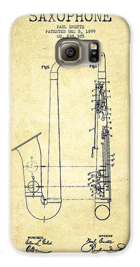 Saxophone Galaxy S6 Case featuring the digital art Saxophone Patent Drawing From 1899 - Vintage by Aged Pixel
