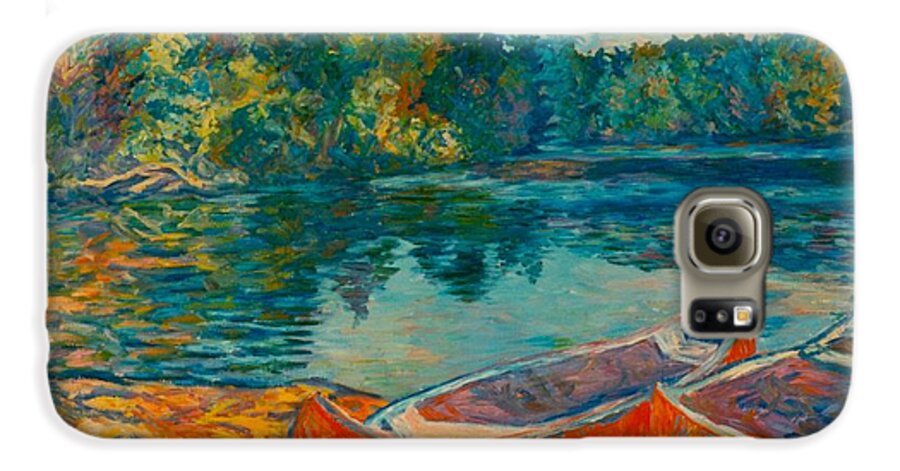 Landscape Galaxy S6 Case featuring the painting Canoes at Mountain Lake by Kendall Kessler