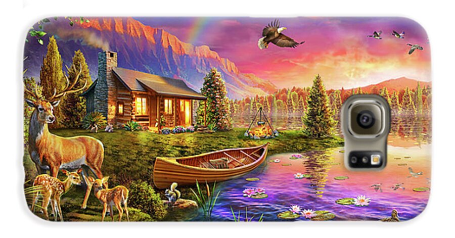 Cabin Galaxy S6 Case featuring the drawing Lakeside Cabin by MGL Meiklejohn Graphics Licensing