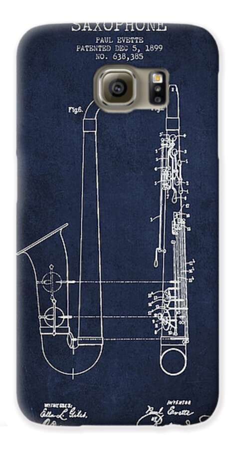 Saxophone Galaxy S6 Case featuring the digital art Saxophone Patent Drawing From 1899 - Blue by Aged Pixel