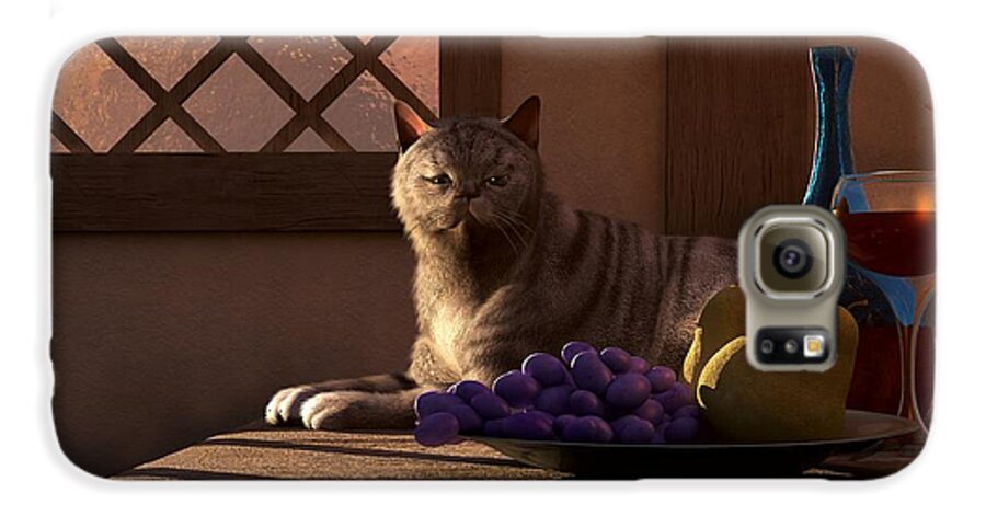 Cat Galaxy S6 Case featuring the digital art Still Life with Wine Fruit and Cat by Daniel Eskridge