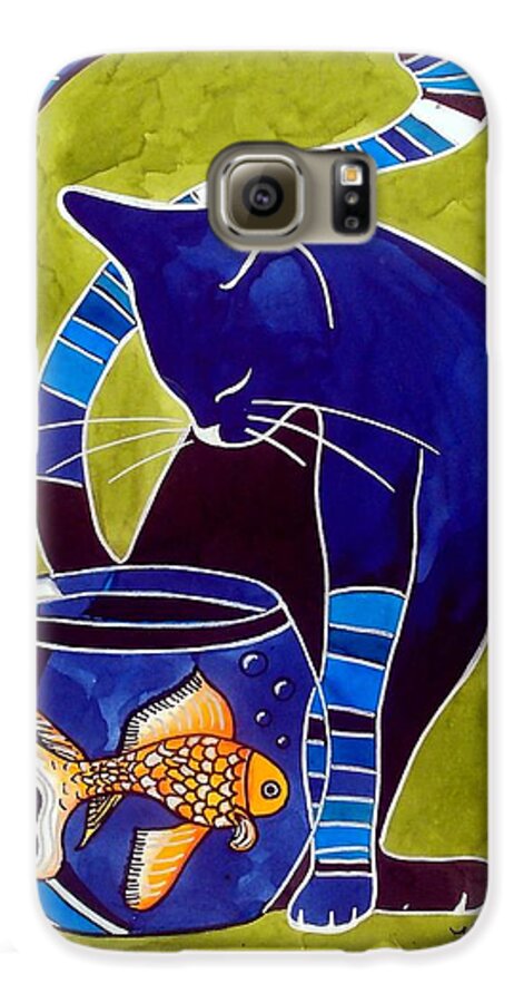 Cats Galaxy S6 Case featuring the painting Blue Cat with Goldfish by Dora Hathazi Mendes