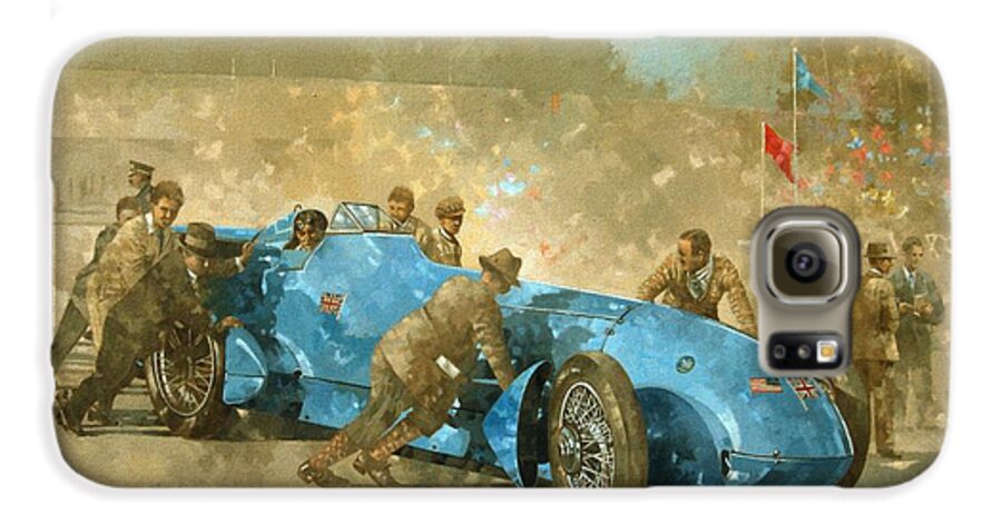 Car; Race Car; Vehicle; Racing; Track; Racetrack; Race Track; Vintage; Racer; Blue; Team; Pushing; Sportscar; Land Speed Test Galaxy S6 Case featuring the painting Bluebird by Peter Miller 