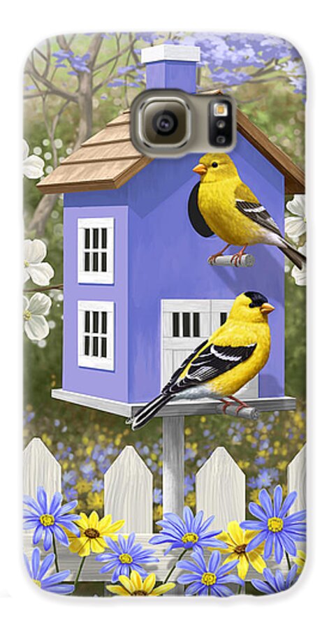 Wild Birds Galaxy S6 Case featuring the painting Goldfinch Garden Home by Crista Forest