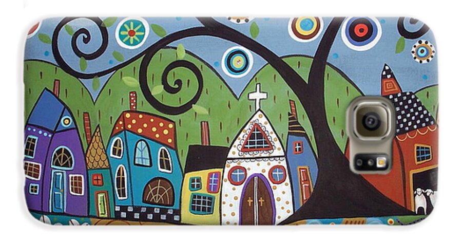 Church Saltboxes Houses Village Town Tree Swirl Tree Painting Acrylic Painting Buy Art Buy Prints Sheep Barn Houses Folk Art Abstract Modern Art Contemporary Painting Original Painting Colorful Art Unique Painting Colorful Houses Blooming Tree Flowering Tree Blackbird Karla G Stripes Swirls Mountains Pillows Prints For Sale Galaxy S6 Case featuring the painting Polkadot Church by Karla Gerard