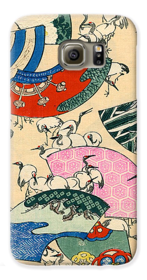 Japanese Galaxy S6 Case featuring the painting Vintage Japanese illustration of fans and cranes by Japanese School
