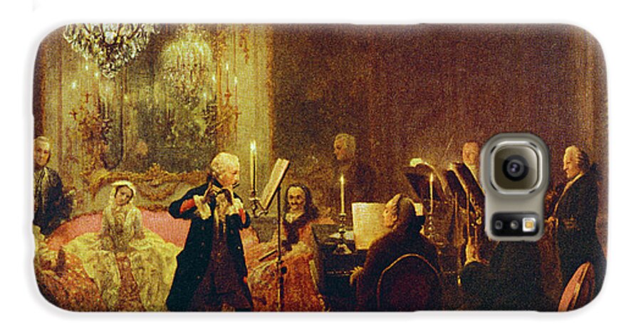 Flute; Concert; Music; Musical; Evening; Performance; Musician; Musicians; Instrument; Instruments; Flutes; Flautist; Piano; Pianist; Violin; Violins; Violinist; Cello; Cellist; Strings; Interior; Grand; Grandiose; Private; Intimate; Candlelit; Candlelight; Candles; Chandelier; Chandeliers; Audience; Seated; Standing; Traditional; Dress; Costume; Music Galaxy S6 Case featuring the painting The Flute Concert by Adolph Menzel
