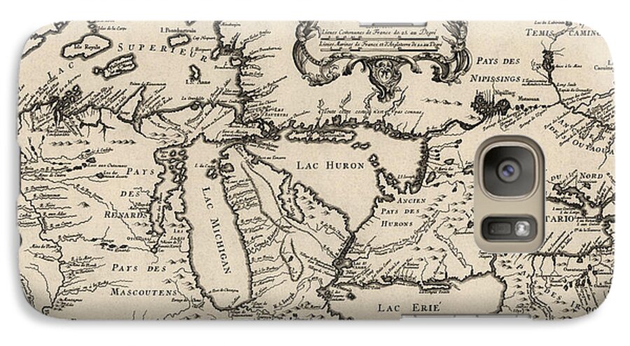 Great Lakes Galaxy S7 Case featuring the drawing Antique Map of the Great Lakes by Jacques Nicolas Bellin - 1755 by Blue Monocle