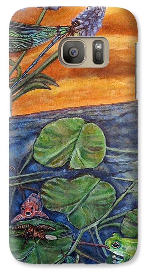 Nature Scene Ecology Environmental Message For Conservation For Earth Day Healthy Aquatic Water Environment Natural Predators Of Pests Like Mosquitos And Their Eggs Or Larvae Green Frog Koi Fish Blue Green Dragonfly Prussian Blue Grape Hyacinths Golden Orange Sunset Blue Green Water Waterlilies Grass Reeds Acrylic Painting Galaxy S7 Case featuring the painting Day of Judgment for a Pesky Mosquito by Kimberlee Baxter