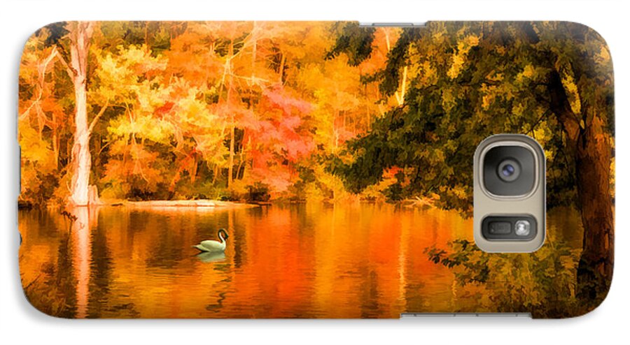 Autumn. Fall. Autumn Landscape. Autumn Colors. Lake. Water. Nature. White Swan. Woods. Forest. Trees. Photography. Print. Poster. Digital Art. Fine Art. Painting. Canvas. Greeting Card. Thanksgiving Greeting Card. Birthday Card.nature. Wildlife. Duck. Bird. Galaxy S7 Case featuring the photograph Fall Swan by Mary Timman