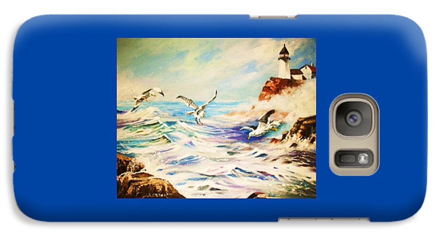 Lighthouse Galaxy S7 Case featuring the painting Lighthouse Gulls and Waves by Al Brown