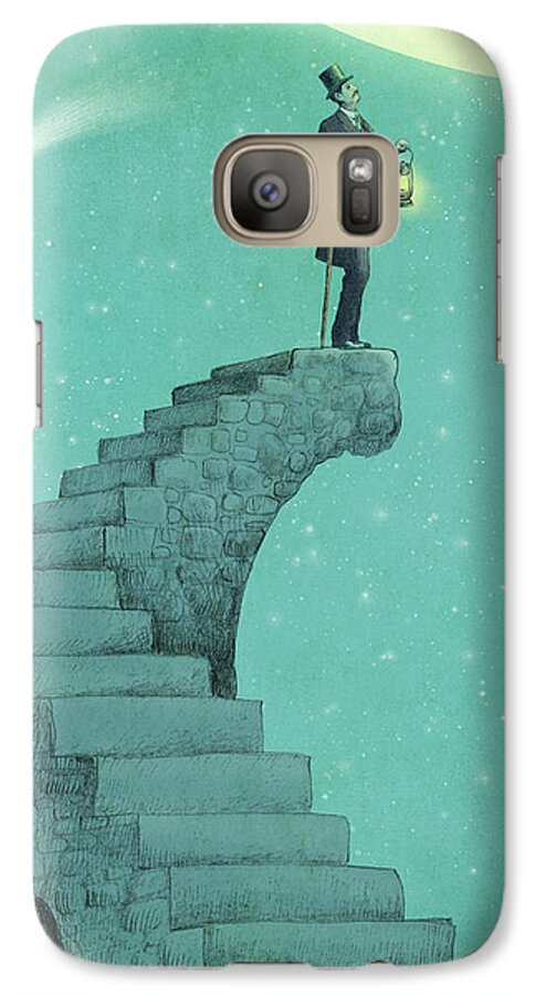 Moon Vintage Victorian Blue Green Stars Comet Top Hat Steps Staircase Astronomy Surreal Whimsical Dream Galaxy S7 Case featuring the drawing Moon Steps by Eric Fan