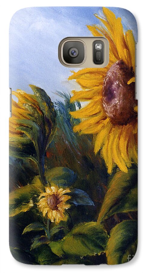 Flower Galaxy S7 Case featuring the painting Sunflowers on Green Hill Under Blue Sky by Lenora De Lude