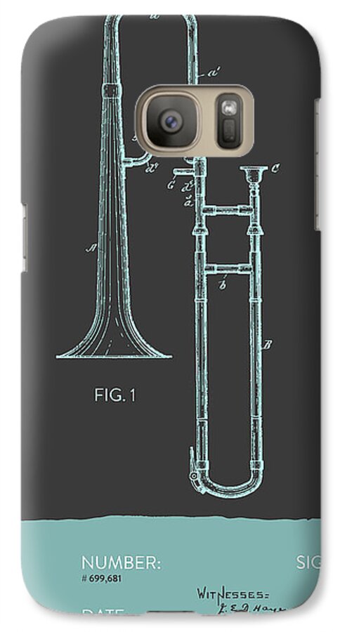 Trombone Galaxy S7 Case featuring the digital art Trombone Patent from 1902 - Modern Gray Blue by Aged Pixel