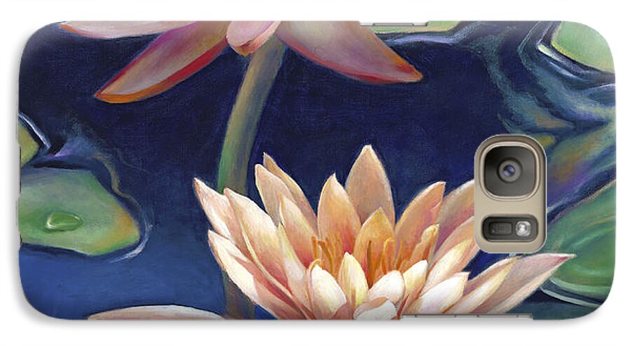 Twin Water Lilies Galaxy S7 Case featuring the painting Peachy Pink Nymphaea Water Lilies by Nancy Tilles