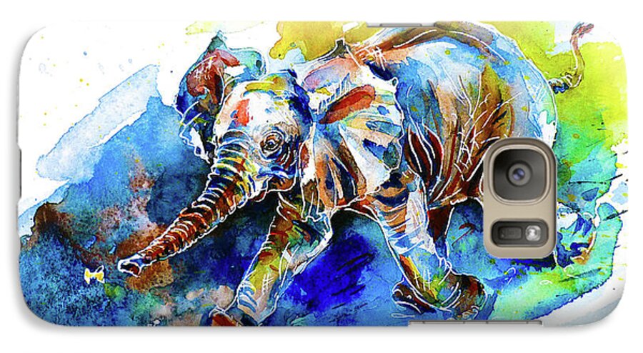 Elephant Galaxy S7 Case featuring the painting Elephant Calf playing with Butterfly by Zaira Dzhaubaeva