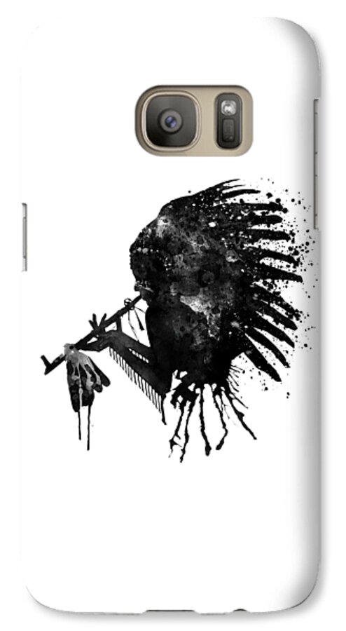 Indian Galaxy S7 Case featuring the painting Indian with Headdress Black and White Silhouette by Marian Voicu