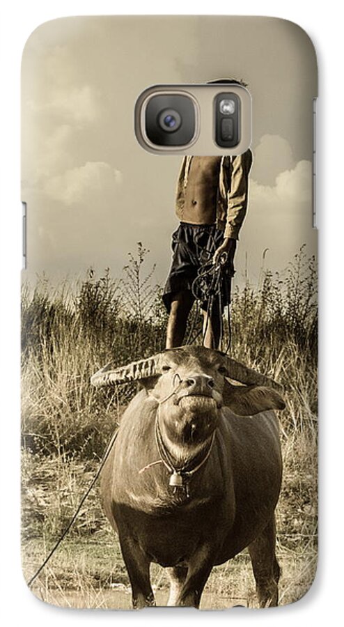 Boy; Cow ; Trip ; See ; Future ; Grass ; Lake ; Play Galaxy S7 Case featuring the photograph Kid and Cow by Arik S Mintorogo