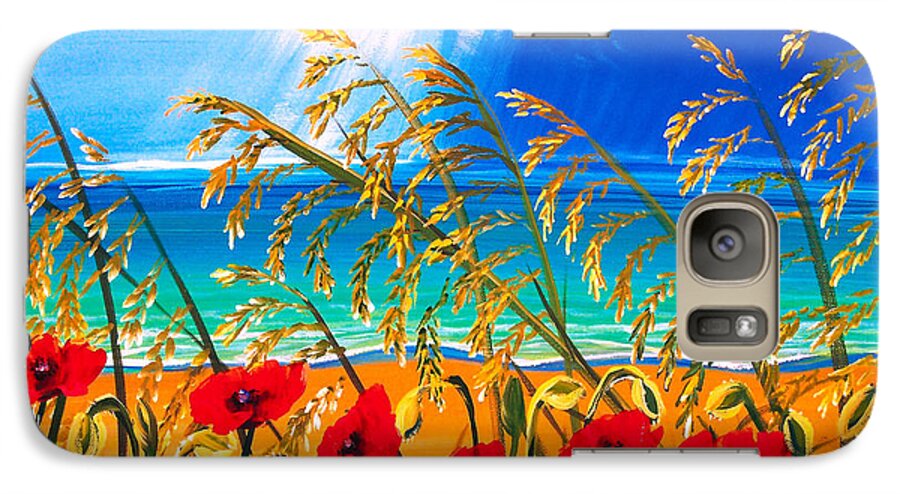 Red Flowers Art Galaxy S7 Case featuring the painting Red Poppies and Sea Oats by the Sea by Pat Davidson
