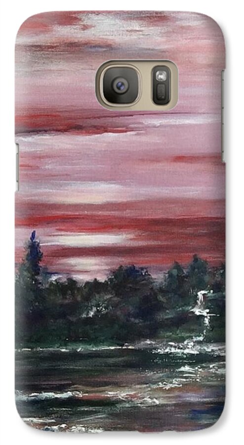 Sun Set . Red Atmosphere . Lake And Trees. Water Falls Galaxy S7 Case featuring the painting Red sun set by Laila Awad Jamaleldin