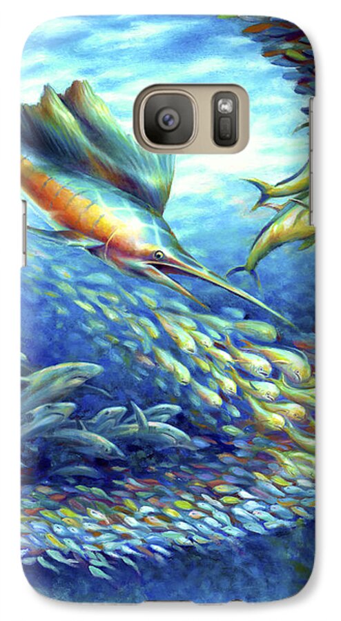Oil Painting Galaxy S7 Case featuring the painting Sailfish Plunders Baitball II - Sharks and Dolphin Fish by Nancy Tilles