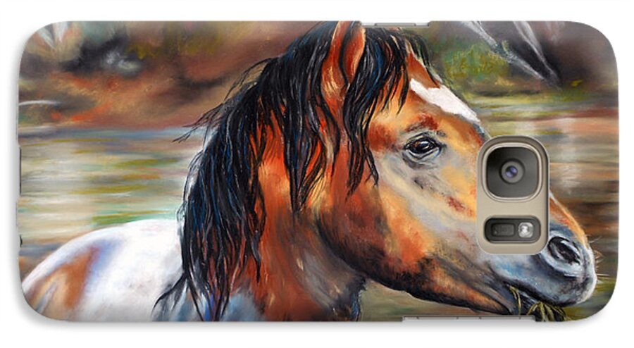 Salt River Arizona Horse Equine Stallion Water Horses Wild Mustang Horses Western Karen Kennedy Chatham Art. Rustic Natural Wildlife Reflection Reflections Greeting Card Art Print Prints Metal Art Prints Acrylic Prints Canvas Galaxy S7 Case featuring the pastel Salt River Tango by Karen Kennedy Chatham