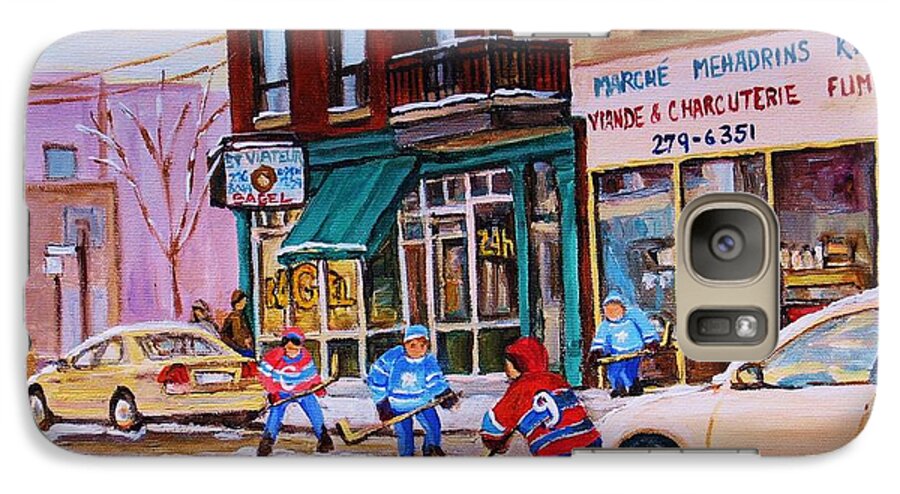 Montreal Galaxy S7 Case featuring the painting St. Viateur Bagel with boys playing hockey by Carole Spandau