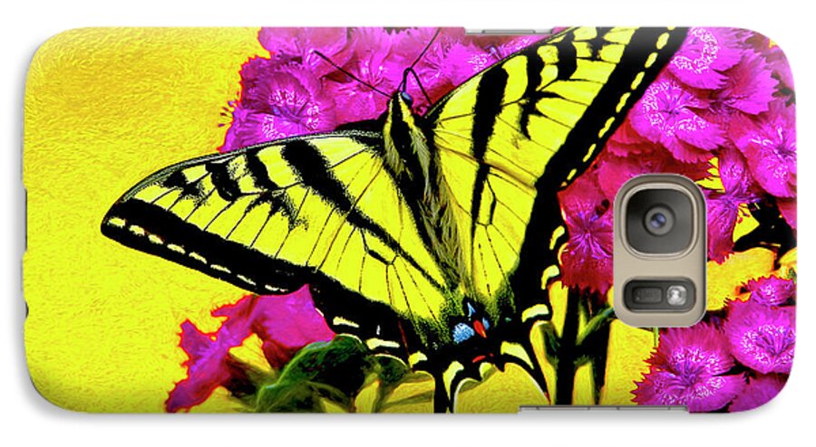 Butterfly Mixed Media. Mixed Media Photo Art. Yellow Swallow Tail Butterfly. Flowers. Lakes. Moths. Caterpillars. Lavera. Feeding. Flying. Garden. Roses. Yellow Flowers. Pink Flowers. Blue Flowers. Birds. Goose. Ducks. Colorado. Colorado Butterflies. Noite Cards. Greeting Cards. Gallery Art. Digital Camera. Digital Photo Art.  Galaxy S7 Case featuring the digital art Swallow Tail Feeding by James Steele
