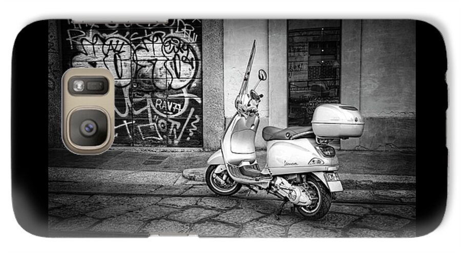 Vespa Galaxy S7 Case featuring the photograph Vespa Scooter in Milan Italy in Black and White by Carol Japp