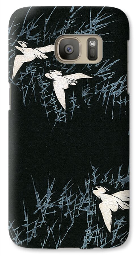 Three Galaxy S7 Case featuring the painting Vintage Japanese illustration of three cranes flying in a night landscape by Japanese School