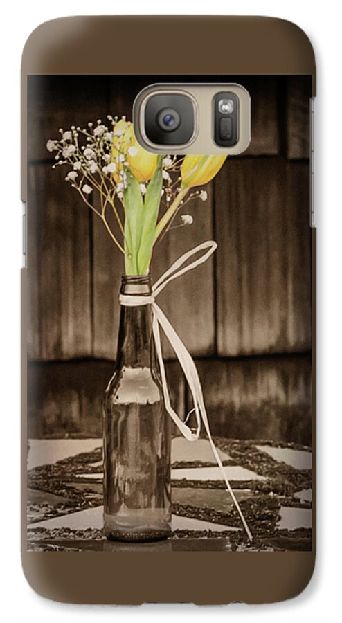 Terry D Photography Galaxy S7 Case featuring the photograph Yellow Tulips in Glass Bottle Sepia by Terry DeLuco