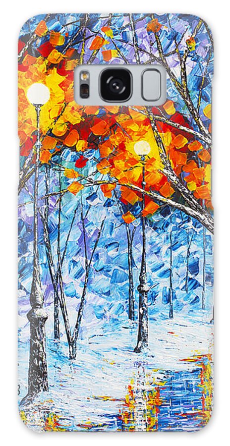 Winter Landscape Galaxy Case featuring the painting Silence Winter Night Light Reflections original palette knife painting by Georgeta Blanaru
