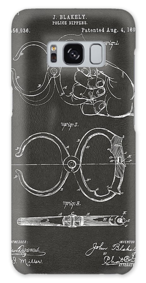 Police Galaxy Case featuring the digital art 1891 Police Nippers Handcuffs Patent Artwork - Gray by Nikki Marie Smith