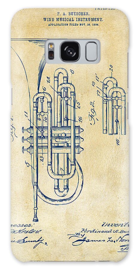 Trumpet Galaxy Case featuring the digital art 1906 Brass Wind Instrument Patent Artwork Vintage by Nikki Marie Smith