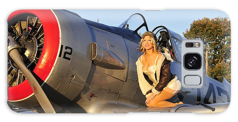 Aviator Galaxy Case featuring the photograph 1940s Style Aviator Pin-up Girl Posing by Christian Kieffer