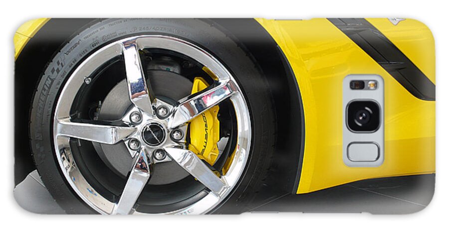 Corvette Galaxy Case featuring the photograph 2014 Corvette Stingray Front Wheel Yellow by Katy Hawk