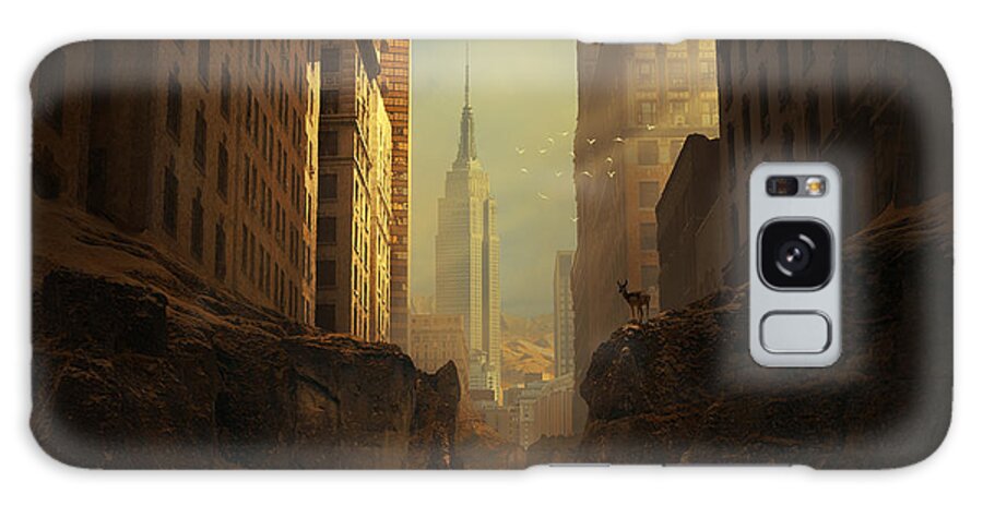 City Ruins Apocalypse Buildings Sun Animal Sunbeams Abandoned Ny Landscape Photomontage Rocks Loneliness Creek Walls Birds Sciencefiction Fantasy Newyork Warm Shadows Nature Architecture Photomontage Photomanipulation Galaxy Case featuring the photograph 2146 by Michal Karcz