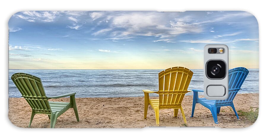 Chairs Beach Water Lake Sky Ocean Summer Relax Lake Michigan Wisconsin Door County Sand Chair Clouds Horizon Peace Calm Quiet Rest Vacation Waves Home Decor Fine Art Photography Fine Art For Sale Blue Yellow Green Landscape Photography Nautical Beach Scene Outdoors Shore Coast Galaxy Case featuring the photograph 3 Chairs by Scott Norris