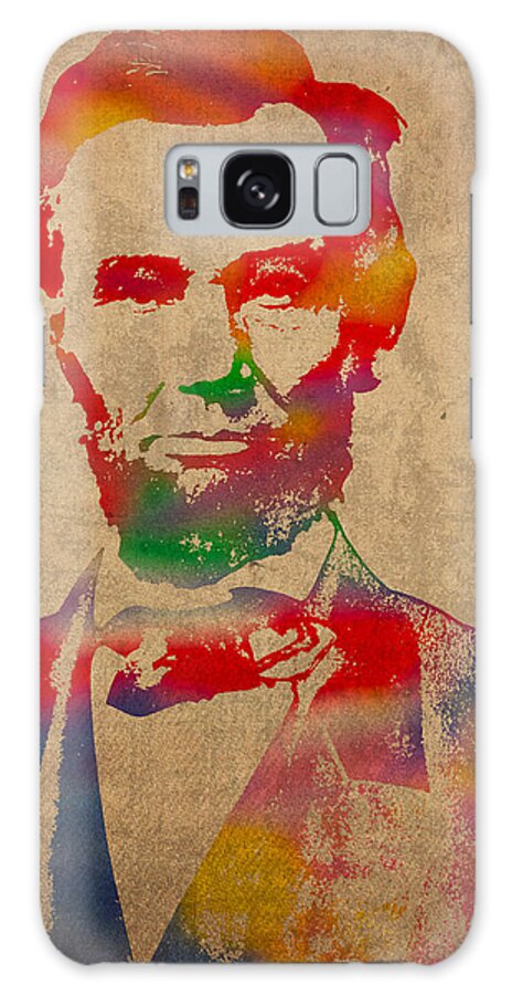 Abraham Lincoln President Watercolor Portrait On Worn Distressed Canvas Galaxy Case featuring the mixed media Abraham Lincoln Watercolor Portrait on Worn Distressed Canvas by Design Turnpike