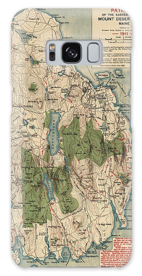 Mount Desert Island Galaxy Case featuring the drawing Antique Map of Mount Desert Island - Acadia National Park - by Waldron Bates - 1911 by Blue Monocle