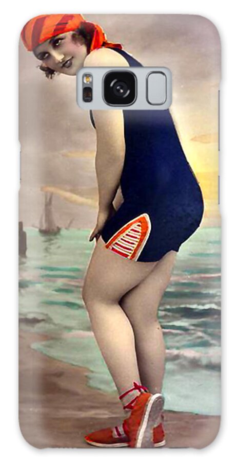 Vintage Postcards Galaxy Case featuring the photograph Bathing Beauty in Orange and Navy Bathing Suit by Denise Beverly