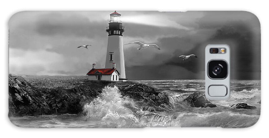 Seascape With The Yaquina Lighthouse In Black And White Oil Painting Galaxy Case featuring the painting Beam of Hope in Black and White by Regina Femrite