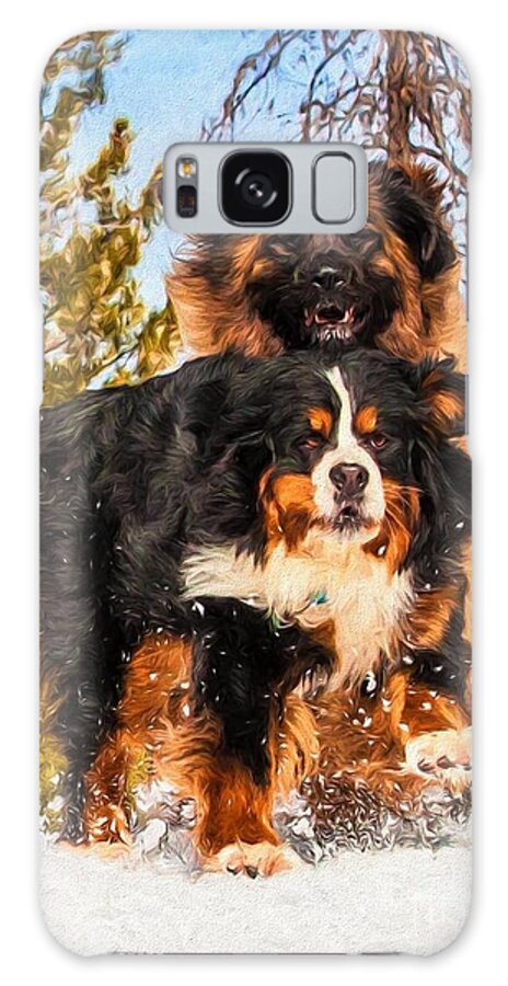 Bernese Mountain Dog Galaxy S8 Case featuring the photograph Bernese Mountain Dog and Leonberger Winter Fun by Gary Whitton