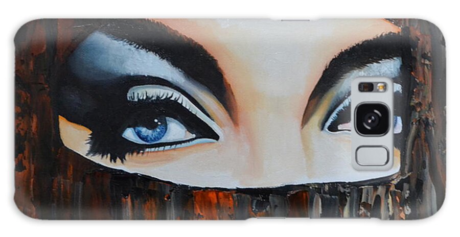 A Blued Woman Looking Through A Wooden Hole. She Has Blue Make-up Galaxy Case featuring the painting Blue Eyes by Martin Schmidt