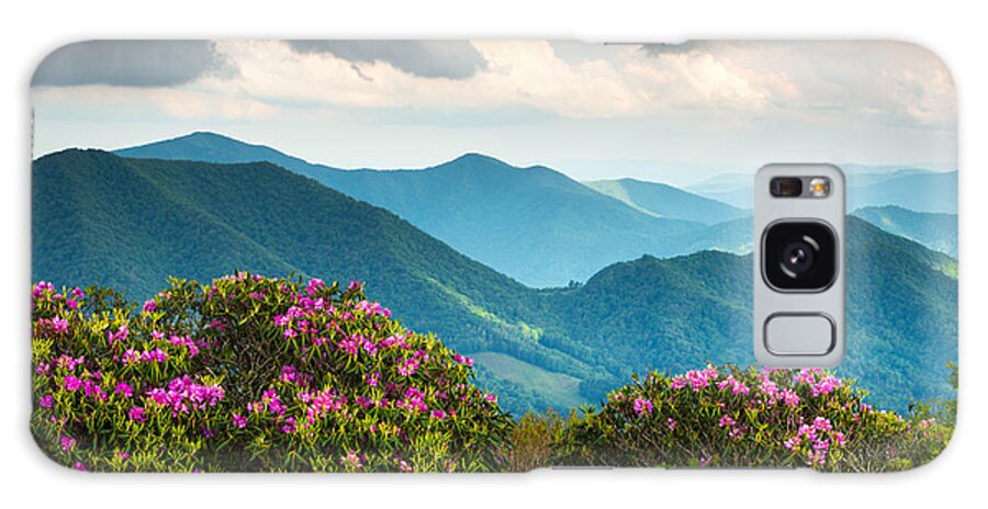 Roan Mountain Galaxy Case featuring the photograph Blue Ridge Appalachian Mountain Peaks and Spring Rhododendron Flowers by Dave Allen