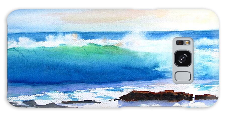 Ocean Galaxy Case featuring the painting Blue Water Wave crashing on Rocks by Carlin Blahnik CarlinArtWatercolor