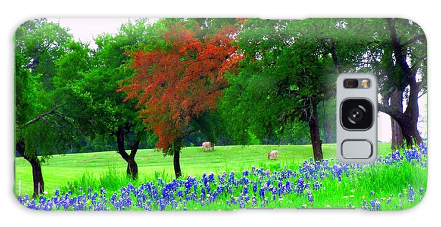 Spring Landscape Bluebonnets Galaxy Case featuring the digital art Bluebonnets With Red Flourish by Pamela Smale Williams