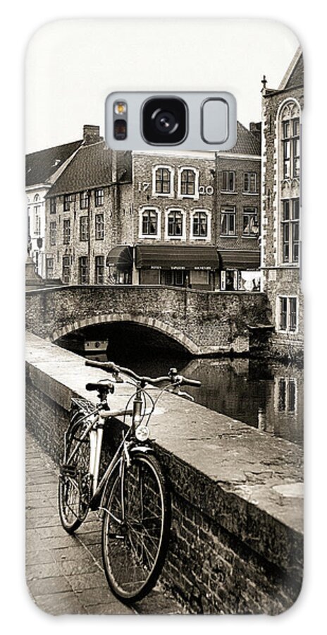 Bruges Galaxy Case featuring the photograph Bruges with Bicycle and Bridge by Brett Maniscalco